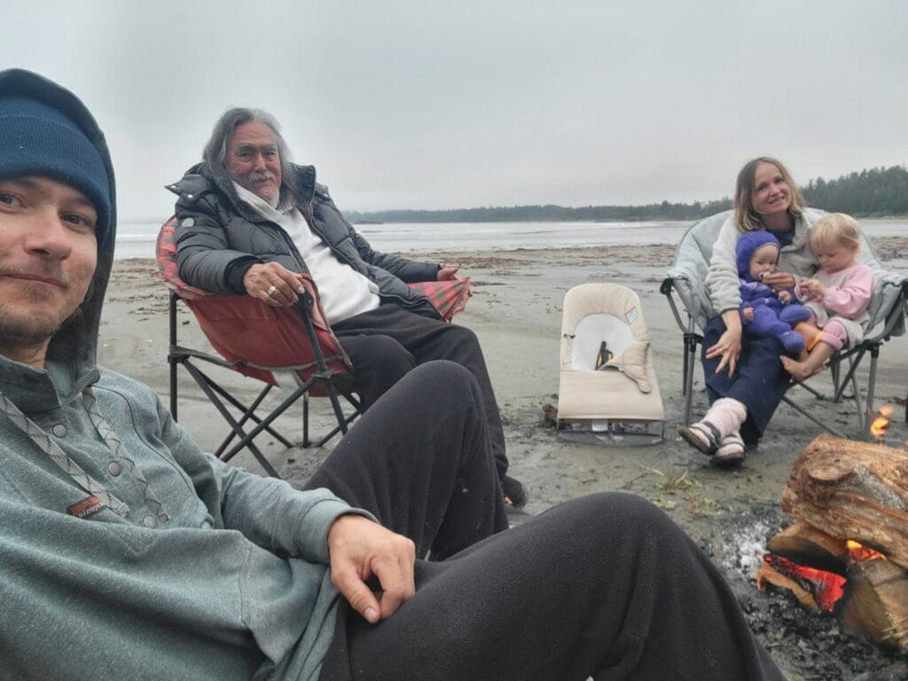 a group of happy people sitting on the beach