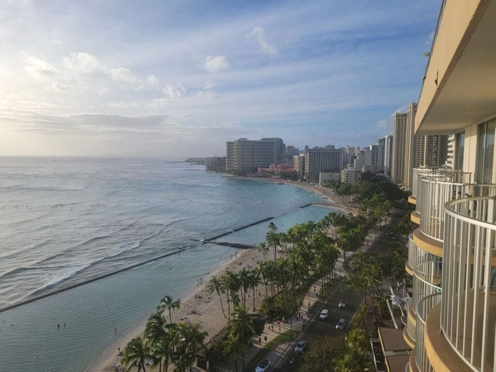 The view overlooking Waikiki from the balcony at the Twin Fin hotel