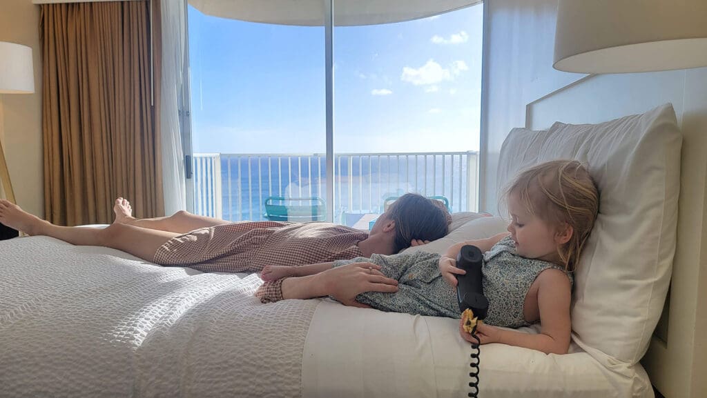 inside an oceanview room at the twin fin hotel looking out toward the ocean