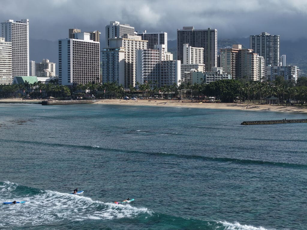a surf lesson at waikiki beach. looking toward the beach