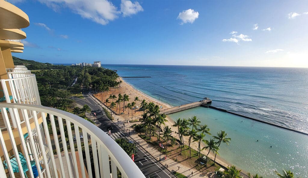 Looking southeast from a room at the twin fin hotel in waikiki