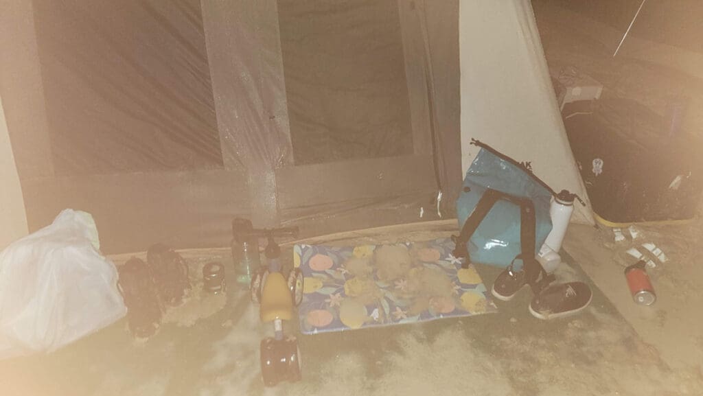 a look at the kodiak canvas flex bow tent during the rainstorm at Burning Man in Black Rock City, Nevada