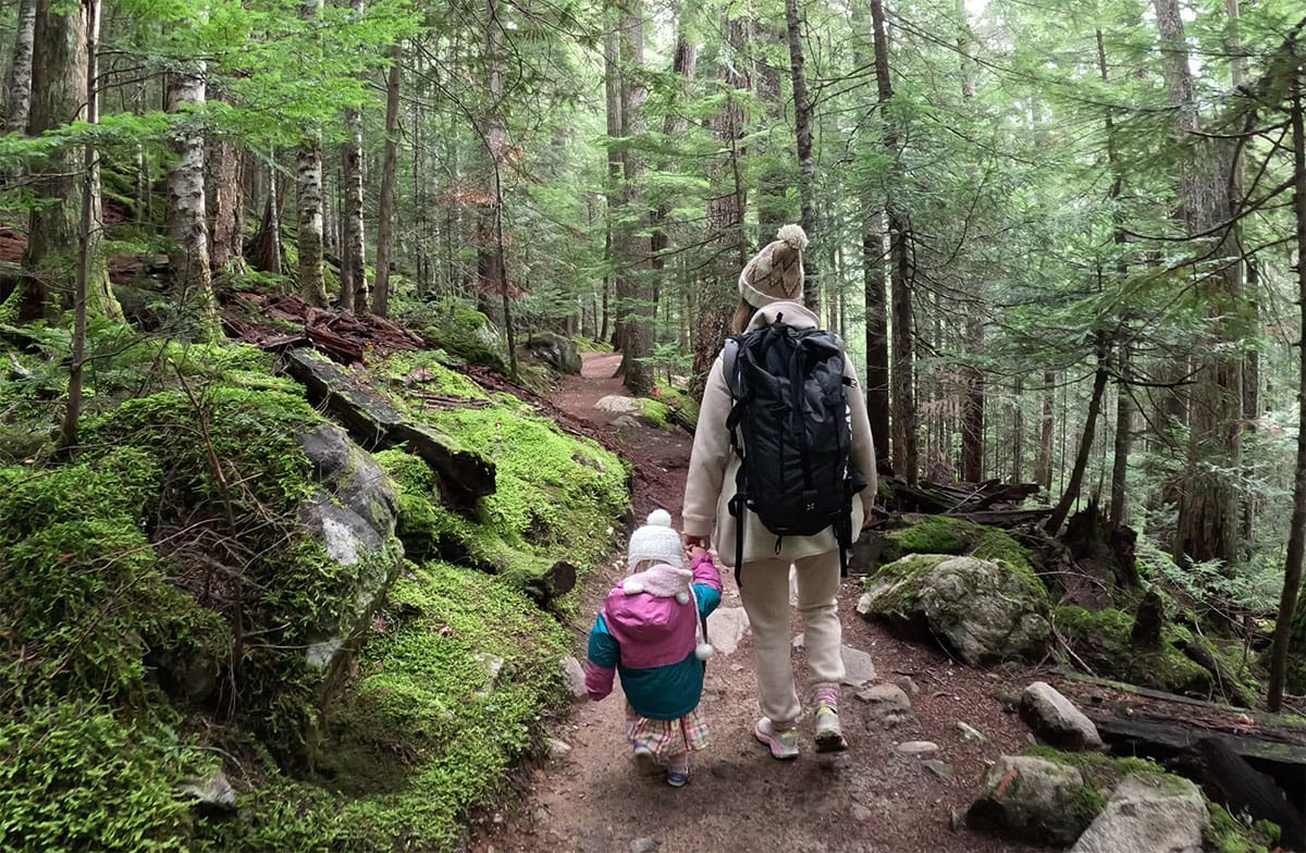 a mother and her daughter hiking through the old growth forest near cheakamus lake in british columbia