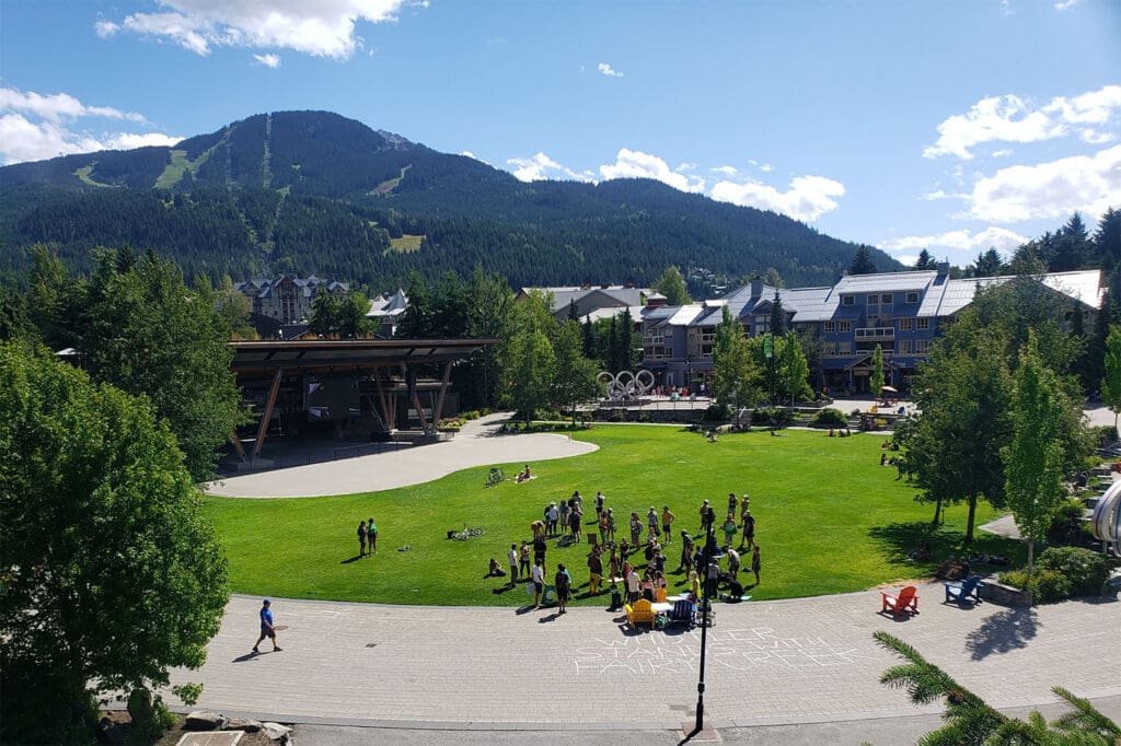a view of whistler village and celebration plaza in the summer