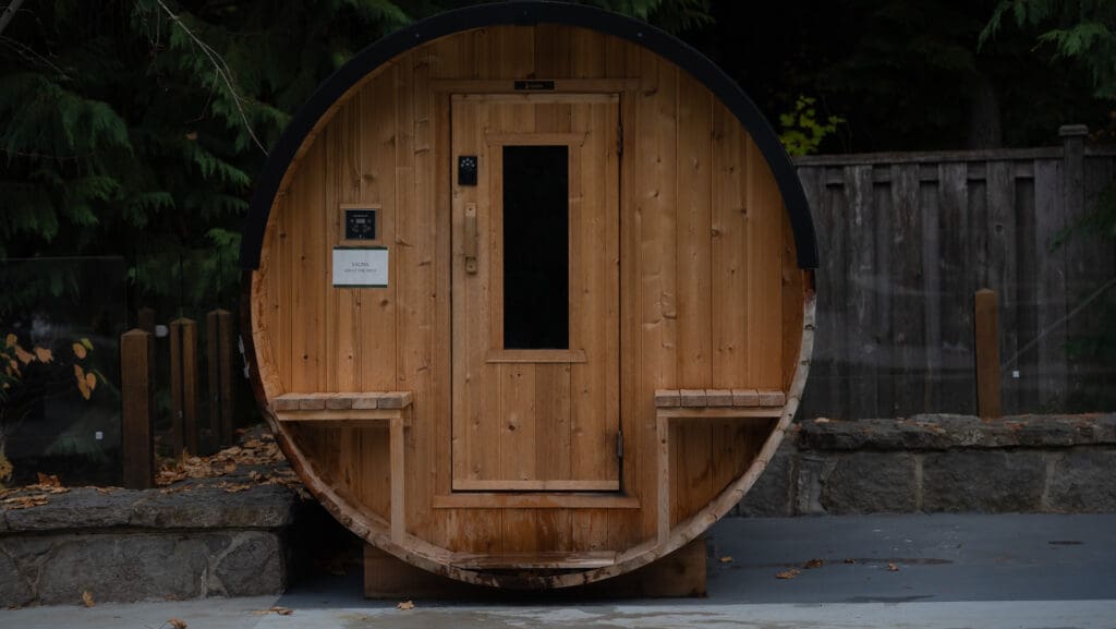 a poolside cedar barrel sauna at the Nita Lake Lodge in Whistler
