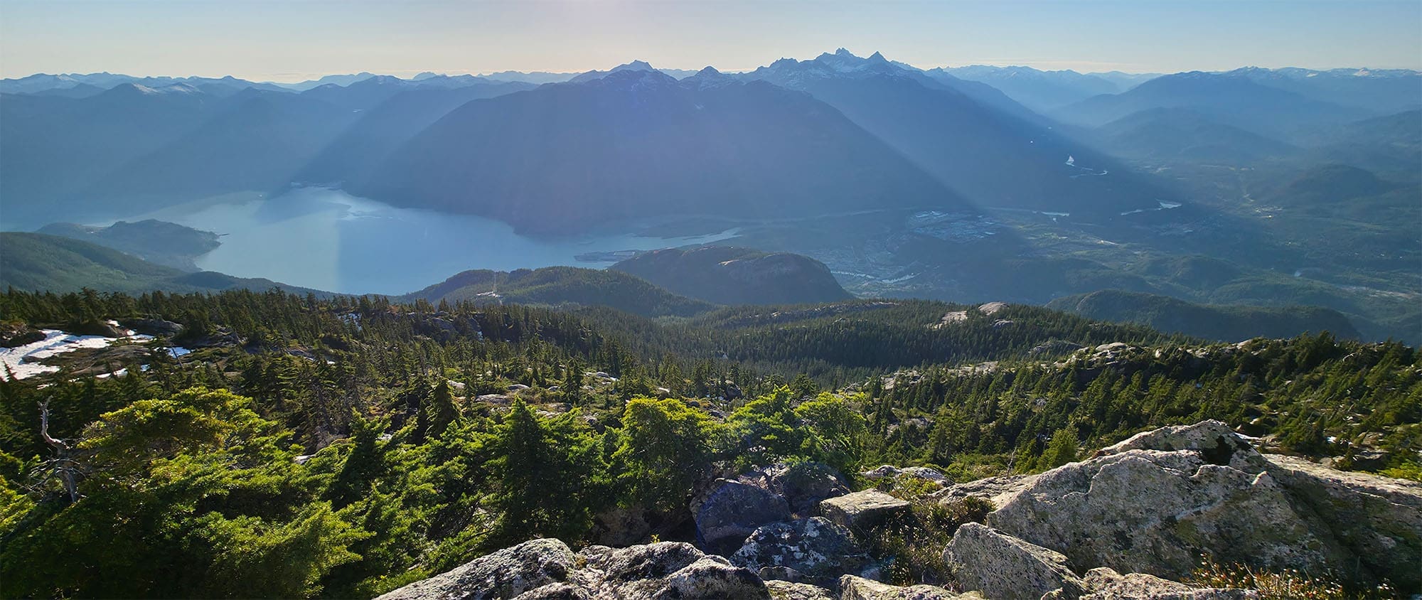a view of howe sound and squamish british columbia from high up on mount habrich