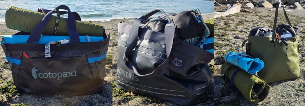 a collection of three different beach totes we reviewed, sitting on the beach, loaded with gear