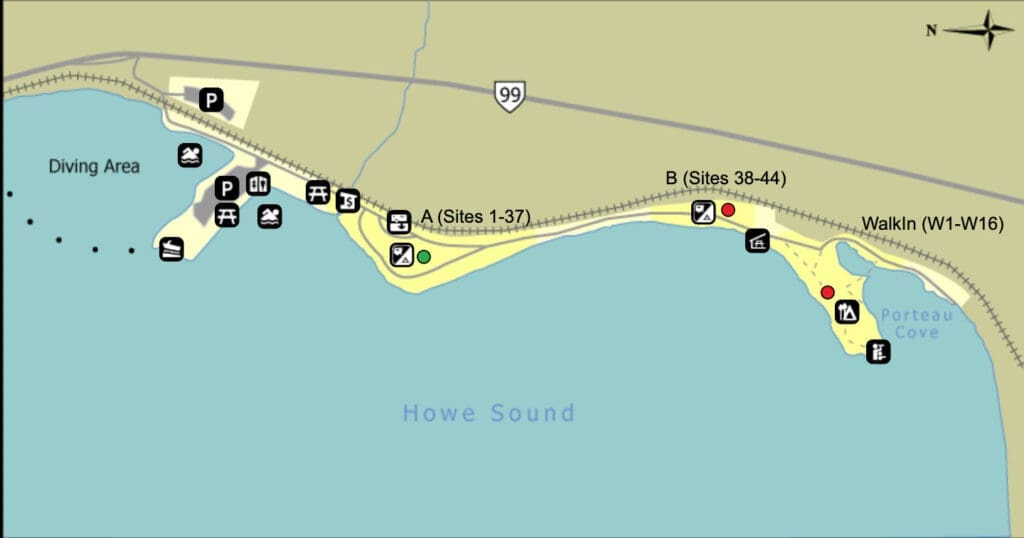 a map of the different camping areas at porteau cove provincial park in british columbia