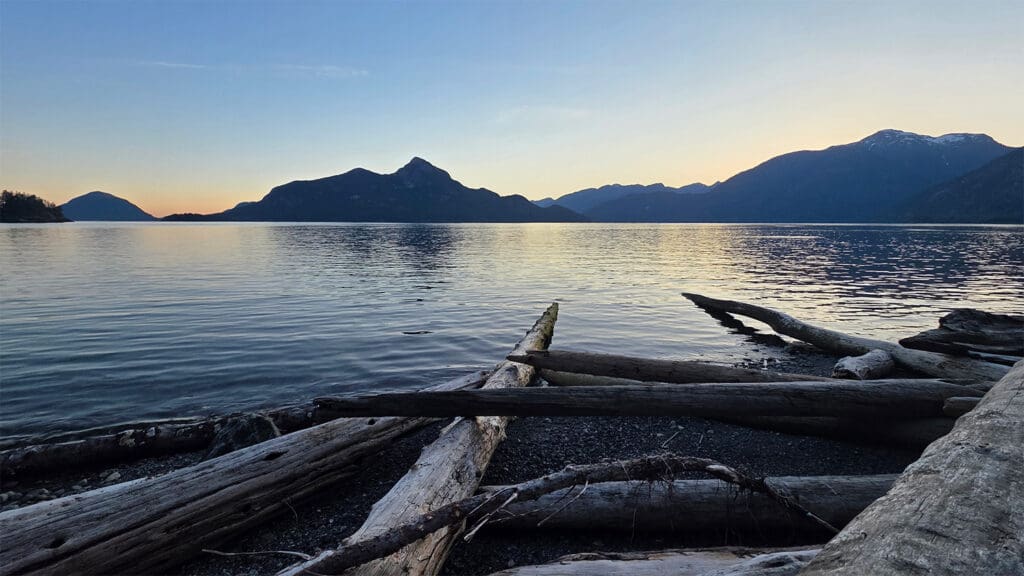 looking southward at Porteau Cove provincial park at sunset