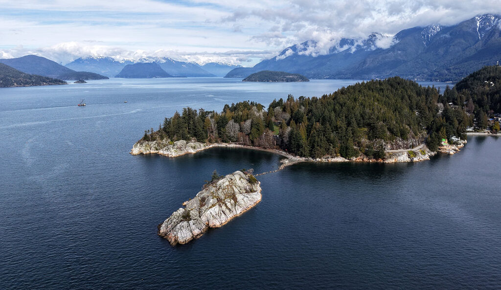 an aerial view of whytecliff park and howe sound