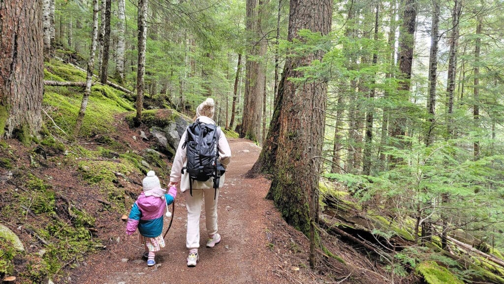 a mother hikes with her daughter through the forest on the cheakamus lake trail in garibaldi provincial park, bc, canada