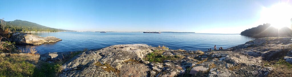 a panoramic view of Vancouver from the rocks at Caulfield Park