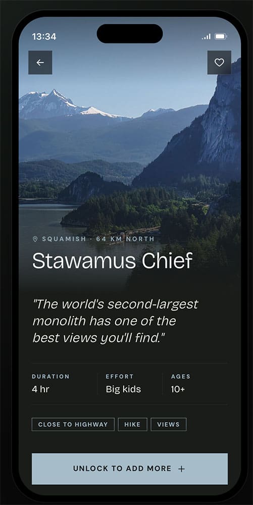 a screenshot of the stawamus chief in squamish, featured in the sea to sky family navigator trip planner