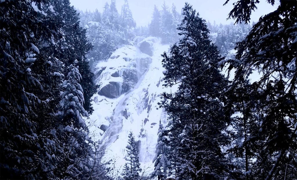 a view of shannon falls, british columbia in the winter