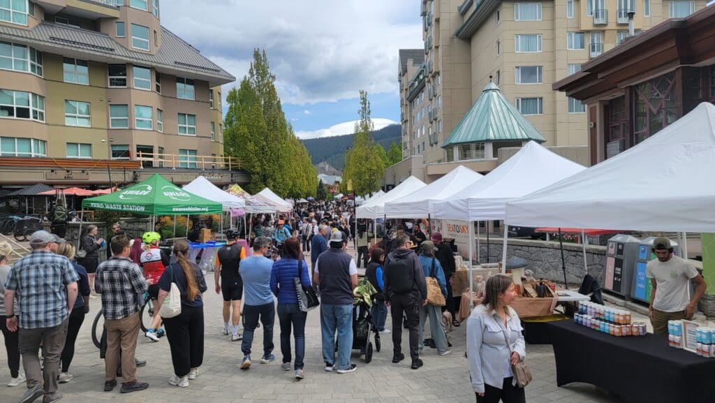 a scene at the upper village farmers market in whistler, british columbia, canada