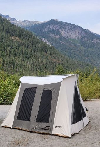 a kodiak canvas flex-bow tent in the squamish valley of the coast mountains